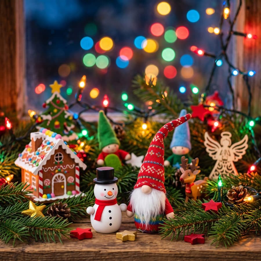 Bunte Dekoration mit vielen Weihnachtsfiguren und kleinen Details